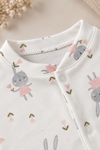 Luppinos Soft Dream Geniş Kalıp %100 Pamuk Tavşan Baskılı Çıtçıtlı Tulum Beyaz