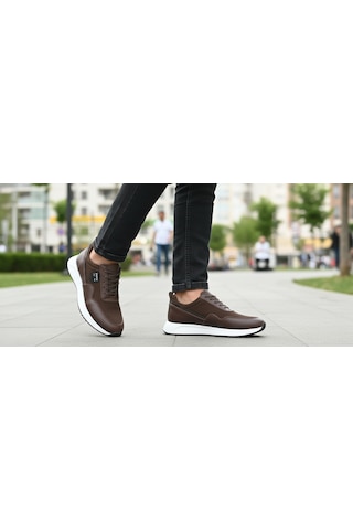Growish Gr0420 Hakiki Deri Nubuk Detaylı Armalı Darbe Emici Beyaz Eva Taban Erkek Sneaker Ayakkabı Kahverengi