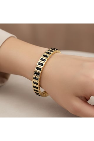 14k Siyah Baget Taşlı Çelik Lastikli Bileklik Çok Renkli