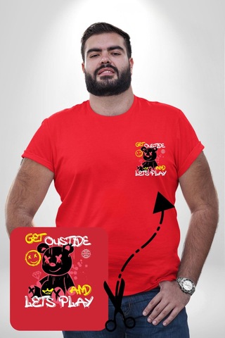 Angemiel Dışarı Çık Ve Oynayalım Teddy Kırmızı Büyük Beden Kadın Basic Minimal Baskılı Tişört Kırmızı