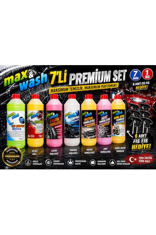 Max&wash 7'li Profesyonel Oto Bakım Seti 1 Kg Cilalı Oto Şampuan + Hızlı Cila + Lastik Parlatıcı + Torpido Süt + Motor + Jant + Genel Detay Temizleyici 6 Adet Fıs Fıs Hediyeli