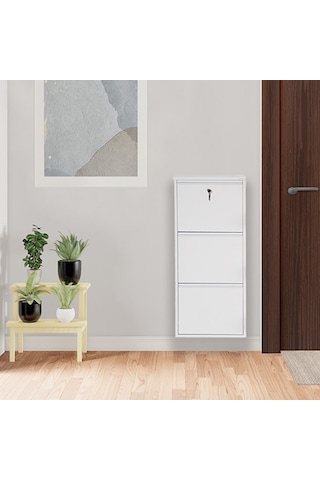 Kilitli 3'lü Metal Ayakkabılık - Beyaz