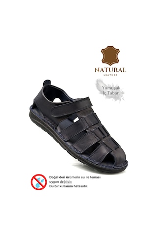 Sermoda %100 Hakiki Deri Burnu Kapalı Erkek Sandalet Lacivert