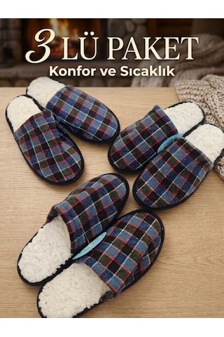 Noxmark İçi Tüylü Ekose Desen 3lü Paket Kışlık Erkek Ev Terliği Çeyiz Misafir Terliği Çok Renkli