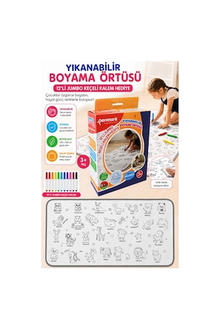 Boyama Örtüsü Yıkanabilir Hayvan Modeli 100x15 Cm 1 Paket 12 Renk Jumbo Keçeli Kalem Penmark Sevinli Hayvanlar Boyama