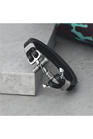 Unisex Çelik ve Deri Bilekli Halat Çapa Figürlü Çelik