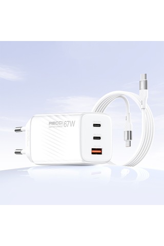Recci Rc85e Gan Teknolojili Hızlı Şarj Başlığı Usb-a To Type-c Pd 67w Kablolu Şarj Seti Beyaz