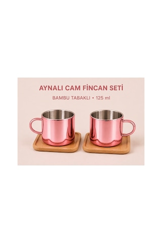Aynalı Borosilikat Cam Türk Kahvesi Fincan Seti,kırmızı,2x125ml Bambu Tabaklı, Isıya Dayanıklı Pembe