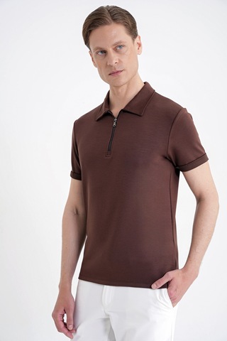 Efor Slim Fit Esnek Pamuklu Fermuarlı Kahverengi Polo Yaka Tişört Ts 926