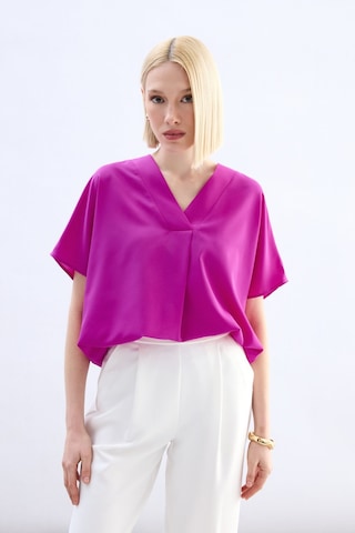Sateen Geniş Kısa Kollu Bluz - Fuşya-136762 Fuşya