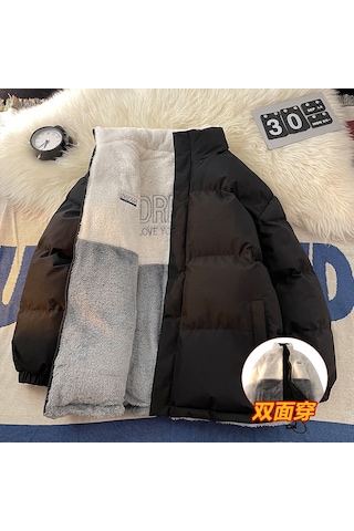 2025 Yeni Çift Taraflı Bol Kesim Kuzu Yünü Pamuklu Dolgulu Ceket, Unisex Çift Pamuklu Dolgulu Mont Siyah