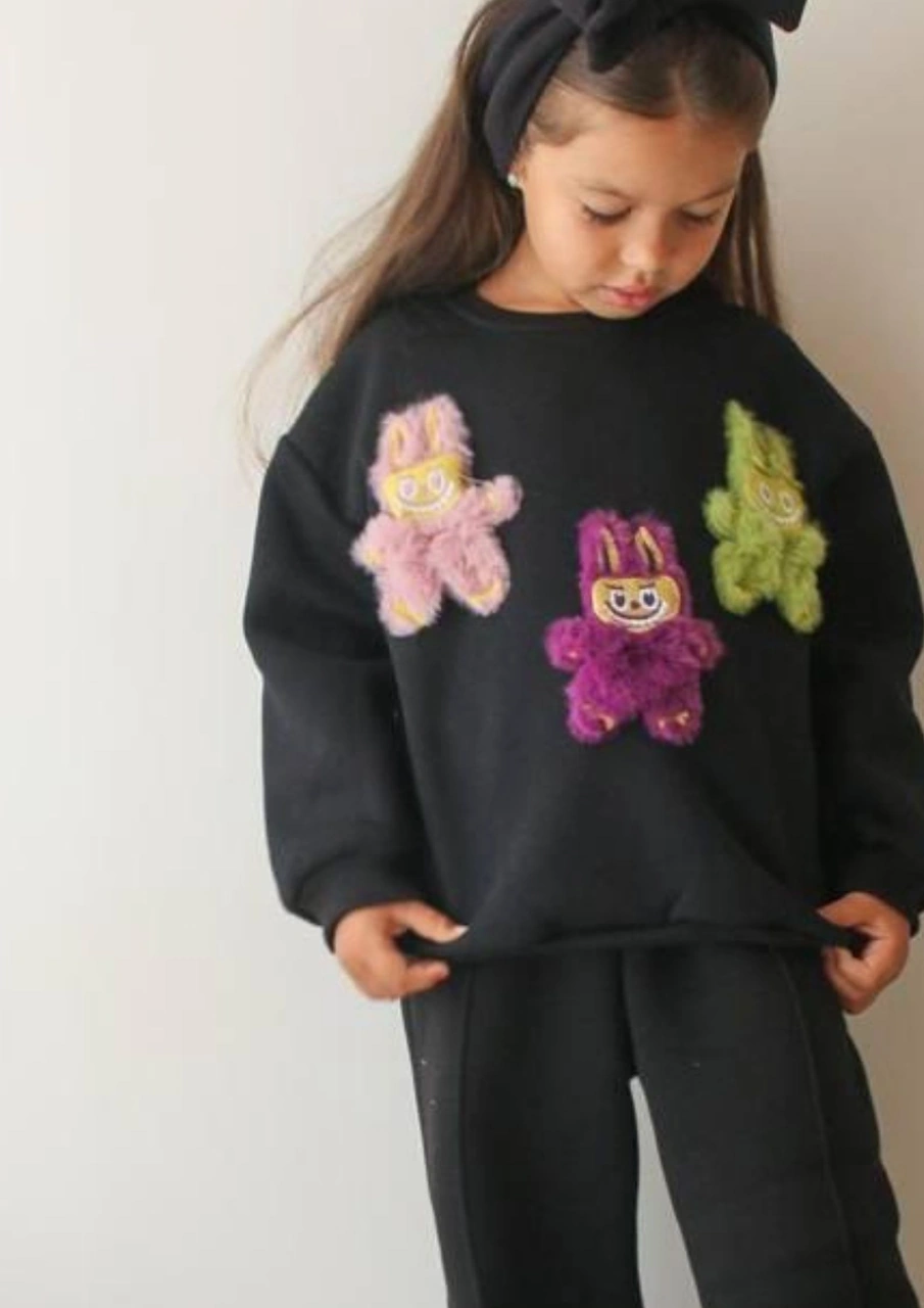 Cg Kids Labubu Nakışlı 3 Iplik Şardonlu Içi Pamuklu Kız Çocuk Alt Siyah