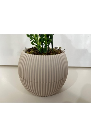 Mini Saksıda Yapay Çiçek Yeşil Beyaz Lavanta Demeti Gerçek Yosunlu Mini Saksı Aranjman - Bej
