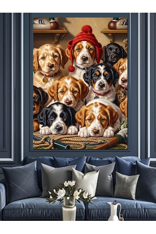 Ahşap Tablo Kışlık Şapka Takmış Sevimli Köpekler