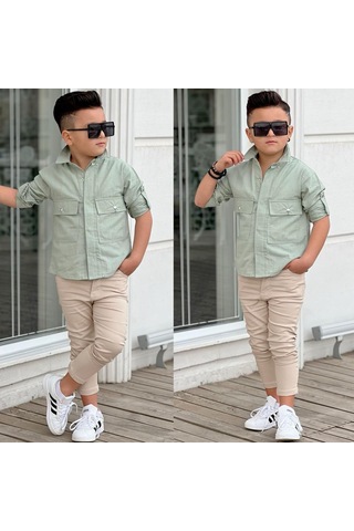 Modavals Kapaklı Cep Detaylı Gömlek & Gabardin Pantolon Erkek Çocuk Alt Üst Takım Yeşil