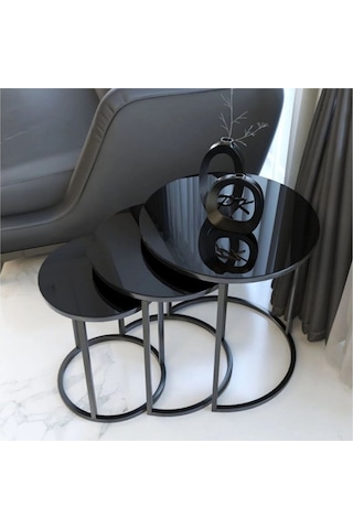 Tubi Yuvarlak Camlı Üçlü Zigon Sehpa Siyah