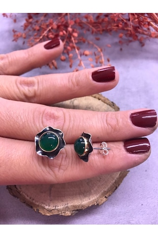 Nsa Gümüş Yeşil Akik Taşlı Gümüş Küpe 925 Ayar N11.96534