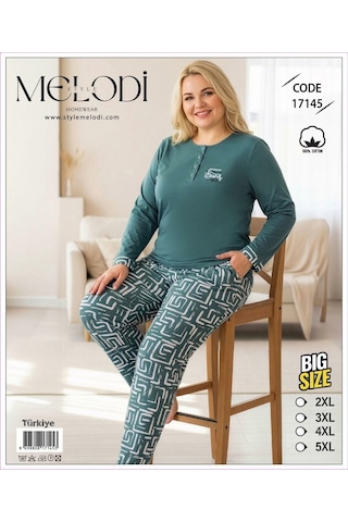 Melodi Kadın Büyük Beden %100 Pamuk Düğmeli Yaka Uzun Kollu Baharlık Pijama Takımı 17145 - 1 Adet Petrol