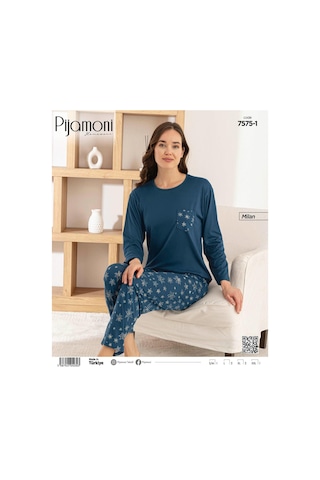 Pijamoni Kadın Milan Bisiklet Yaka Uzun Kol İnce Pijama Takımı 7575/1 - 1 Adet Petrol