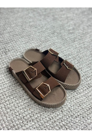 Asmi Shoes Kadın Eleni Kahve Süet Çift Tokalı Rahat Taban Terlik