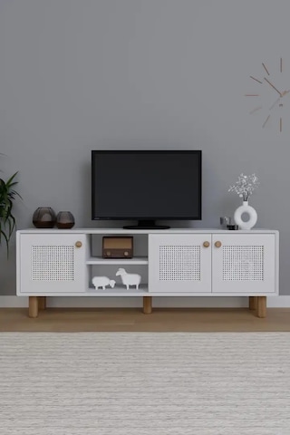 Bohem Serisi Natura Mat Beyaz Pvc Hasır Desen Tv Ünitesi Beyaz