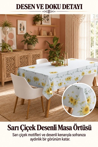 Vivanni Home Yıkanabilir Dikdörtgen Masa Örtüsü Günlük Kullanıma Uygun Pratik Ve Uzun Ömürlü Ayçiçeği Beyaz