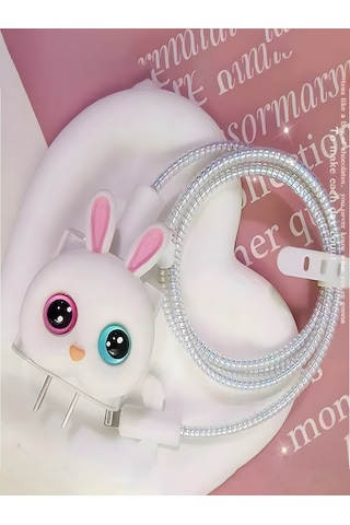 iPhone 18/20 W Şarj Cihazı Uyumlu 5 Parça Şarj Koruma Seti, Kablo Koruyucu - Tavşan