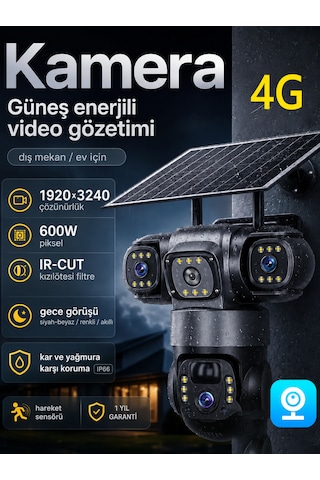 4g Sım Kartlı 4k 3 Lensli Solar Ptz Güvenlik Kamerası V380 Pro 360 Yapay Zeka İnsan Algılama Renkli Gece Görüşü Dış Mekan Kamera