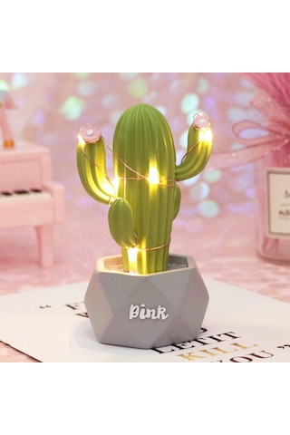Hobibahçem Led Işıklı Sevimli Kaktüs Dekoratif Masa Lambası Mini Biblo Gece Lambası Yeşil Renkli