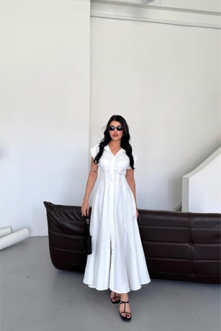 Jakarlı Keten Elbise Önden Yırtmaçlı Cepli - Beyaz Beyaz