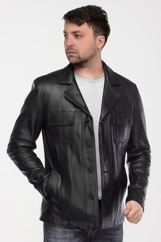 Derije Gomez Hakiki Deri Erkek Siyah Punto Dikiş Detaylı Ceket-Mont