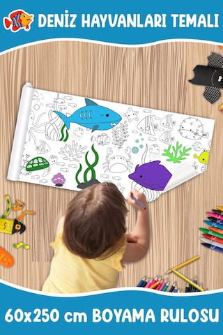 Melolisa Deniz Hayvanları Temalı Dev Boyama Rulosu Bebek Ve Çocuk Için Eğitici 60x250 Cm Aktivite Kağıdı