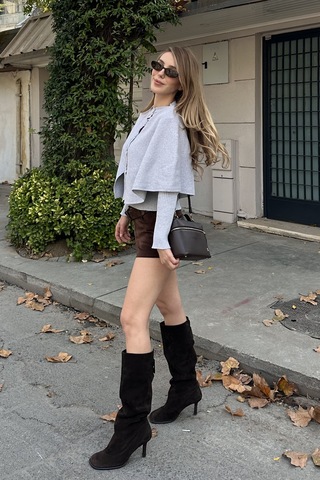 Gri Pelerin Detaylı Triko Hırka - 1317 Gri