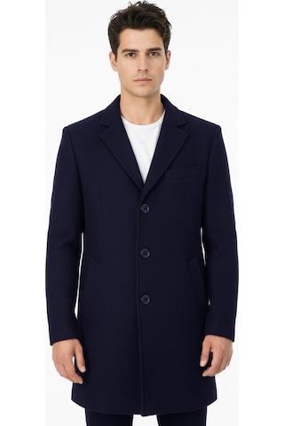 Süvari Slim Fit Sivri Yaka Erkek Koyun Yünlü Kaban Lacivert