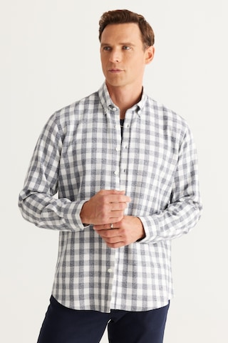 AC&Co / Altınyıldız Classics Erkek Ekru Lacı Comfort Fit Rahat Kesim Düğmeli Yaka Flanel Oduncu Gömlek Ekru - Lacivert