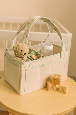 Anne Bebek Kalın Keçe Bakım Çantası Yenidoğan Için Organizer Düzenleyici Çok Amaçlı Krem Yeşil Overlok Detay