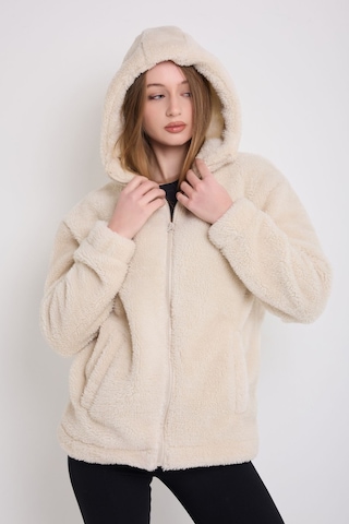 Kadın Ekru Peluş Rüzgar Geçirmez Welsoft Çift Cepli Kapüşonlu Kışlık Mont Ekru