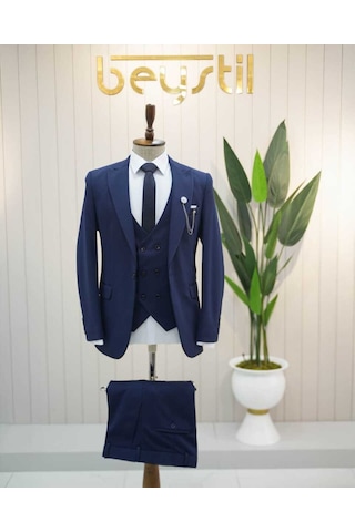 Beystil Sivri Yaka Lacivert Takım Elbise Petek04 - Slim Fit Lacivert