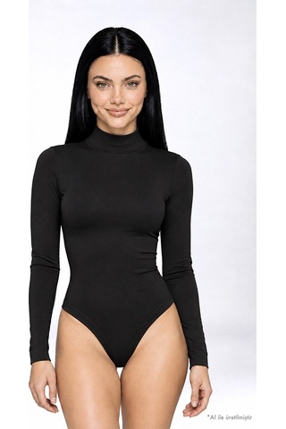 Cottonhıll Premium - Drape Collection Siyah Viskon Balıkçı Yaka Uzun Kollu Çıtçıtlı Kadın Bodysuit
