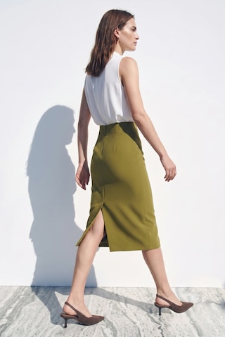 Sateen Düz Kalem Etek - Yağ Yeşili-137385