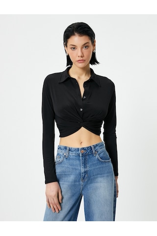 Koton Crop Gömlek Slim Fit Bağlama Detaylı Klasik Yaka Siyah 4sak60019ek 4SAK60019EK999 Siyah