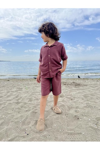 Kolları Nakışlı Gömlek Şort Keten Erkek Çocuk Takım Mürdüm Mürdüm