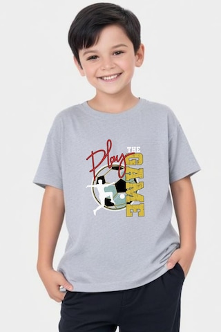 Panios Kids Play Game Baskılı Erkek Çocuk Kısa Kollu Yuvarlak Yaka T-shirt Gri