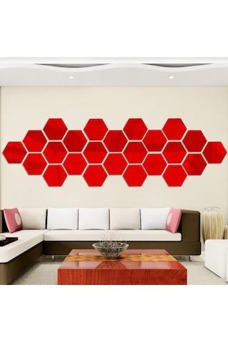 Jeehugo Kırmızı Akrilik Yansımalı Hexagon Duvar Sticker Seti 12 Adet - 4.6x4.6 Cm Küçük Boy - Oturma Odası, Koridor Dekorasyonu - Parlaklık Verici, Modern Tasarım Kırmızı