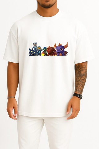Bahriyeli Collection Oversize Imaginators Skylanders Superchargers Göğüs Tasarımlı Unisex T-shirt Beyaz