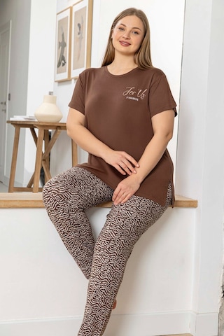 Aydoğan Kadın İnci Büyük Beden Kısa Kol Kahve Pijama Takım 0055 Kahve