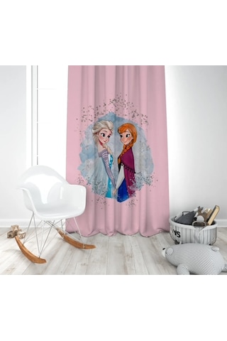 Pembe Elsa Anna Çizim Çocuk Odası Tek Kanat Fon Perde