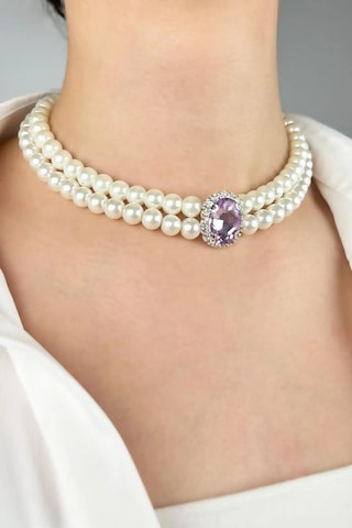 Kristal Uçlu İnci Choker Kolye - Mor Çok renkli
