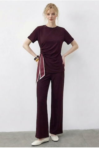 Shade Kadın Fularlı Bağlama Detaylı T-shirt Yüksek Bel Pantolon Alt-üst Takım 7630 60286041 - Bordo