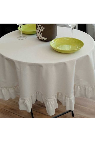 Dnc Home Tekstil Ham Keten Krem Fırfırlı Yuvarlak Masa Örtüsü 001